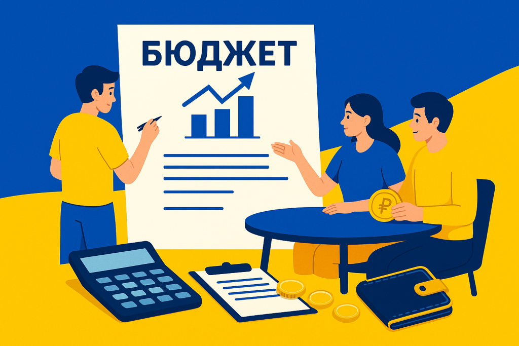 Планування сімейного бюджету в Україні у 2025 році — ілюстрація з сім’єю та фінансовими категоріями