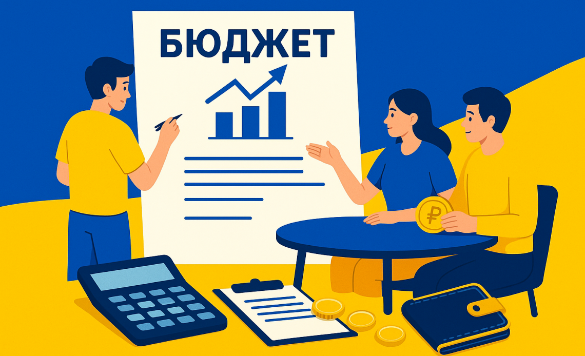 Планування сімейного бюджету в Україні у 2025 році — ілюстрація з сім’єю та фінансовими категоріями