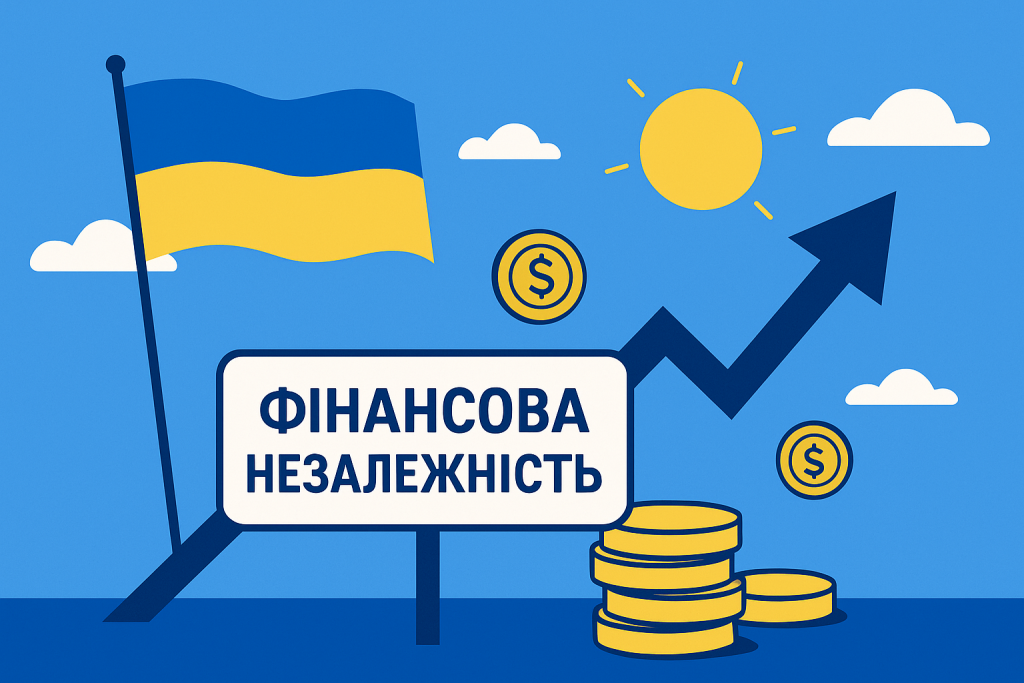 Фінансова незалежність в Україні — ілюстрація з прапором, сонцем і монетами