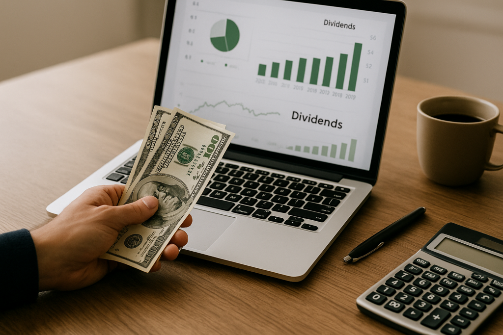 Людина тримає долари перед ноутбуком із графіками дивідендів — концепція дивідендного інвестування