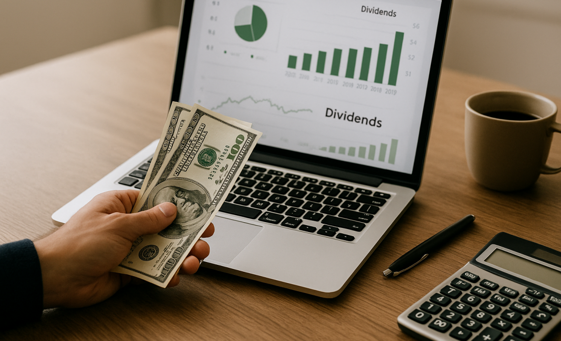 Людина тримає долари перед ноутбуком із графіками дивідендів — концепція дивідендного інвестування