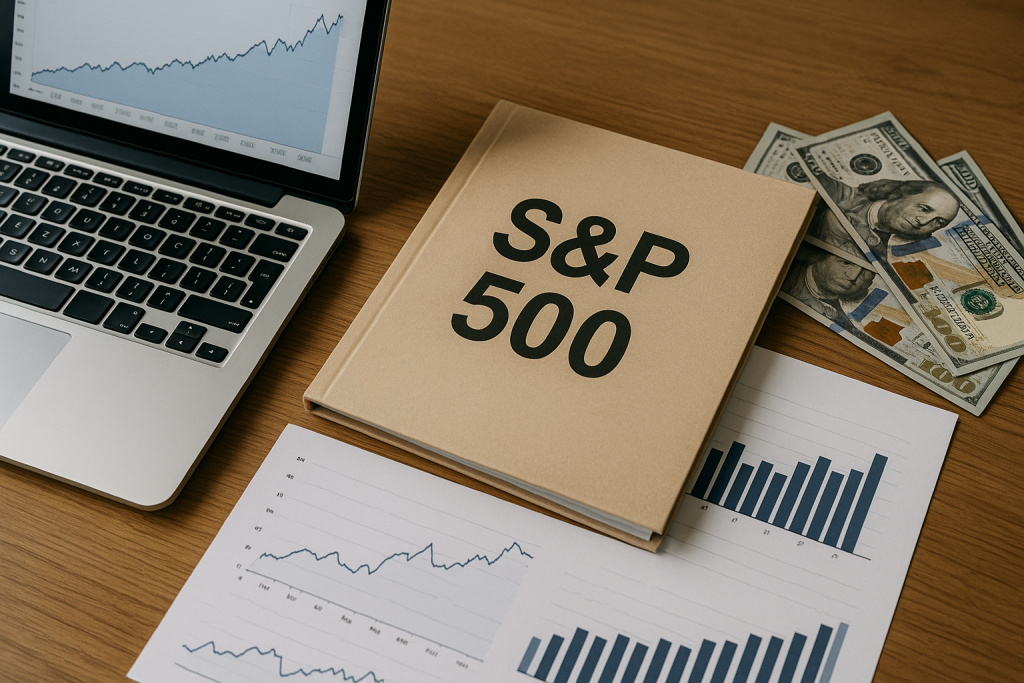 Інвестиції у фонди S&P 500 — ноутбук з графіками, документи та долари на столі