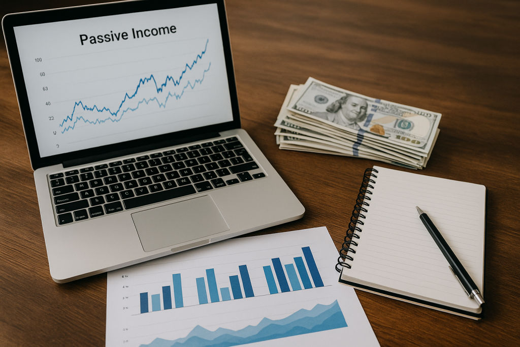 Робоче місце з ноутбуком, графіками та доларами — концепція пасивного доходу у 2025 році