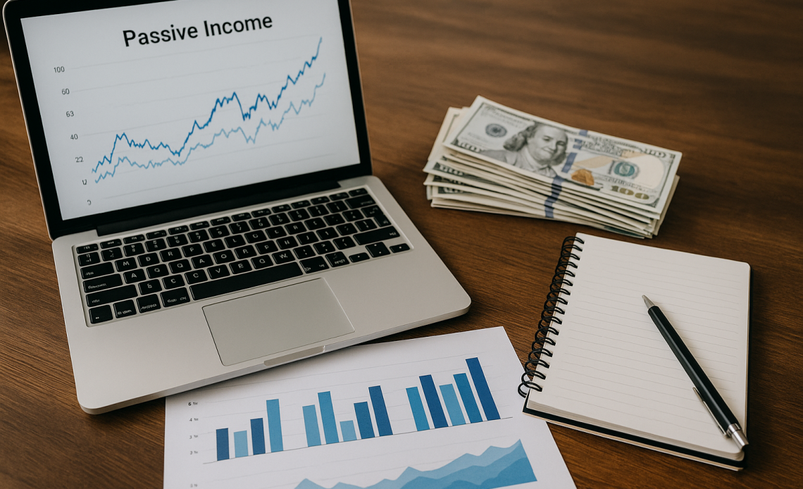 Робоче місце з ноутбуком, графіками та доларами — концепція пасивного доходу у 2025 році