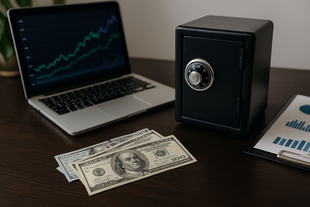 Ноутбук із фінансовим графіком, сейф і долари на столі — безпечні способи зберігати валюту під час війни