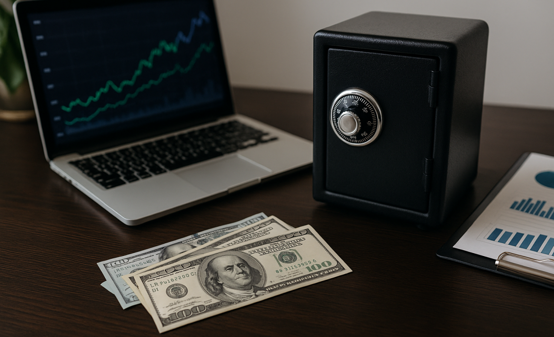 Ноутбук із фінансовим графіком, сейф і долари на столі — безпечні способи зберігати валюту під час війни