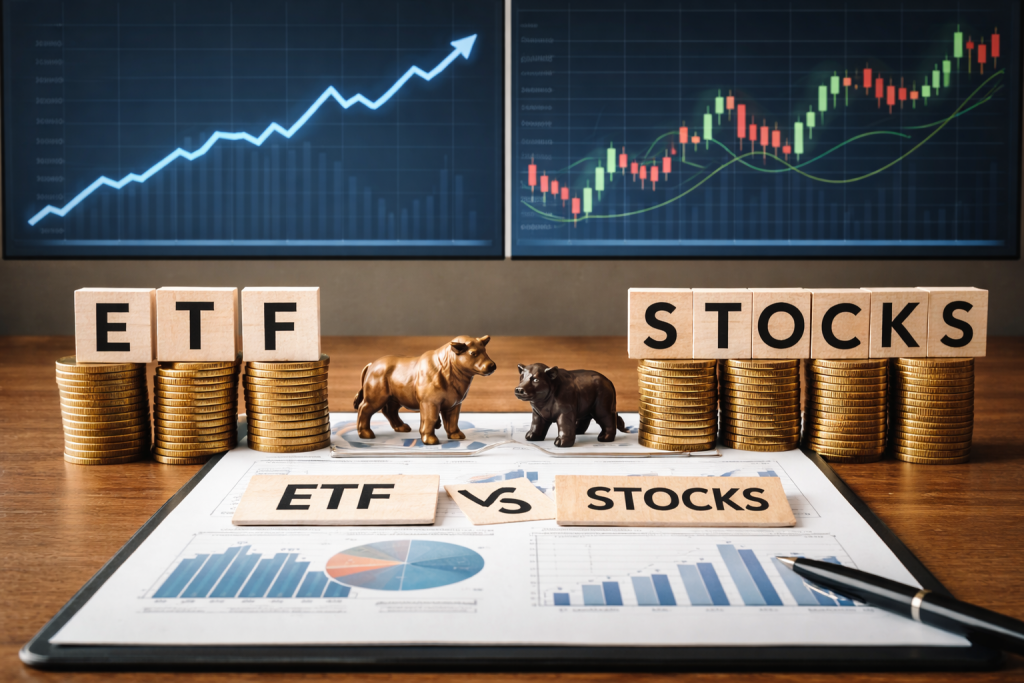 Порівняння ETF та окремих акцій — монети, фінансові графіки та інвестиційна аналітика на робочому столі