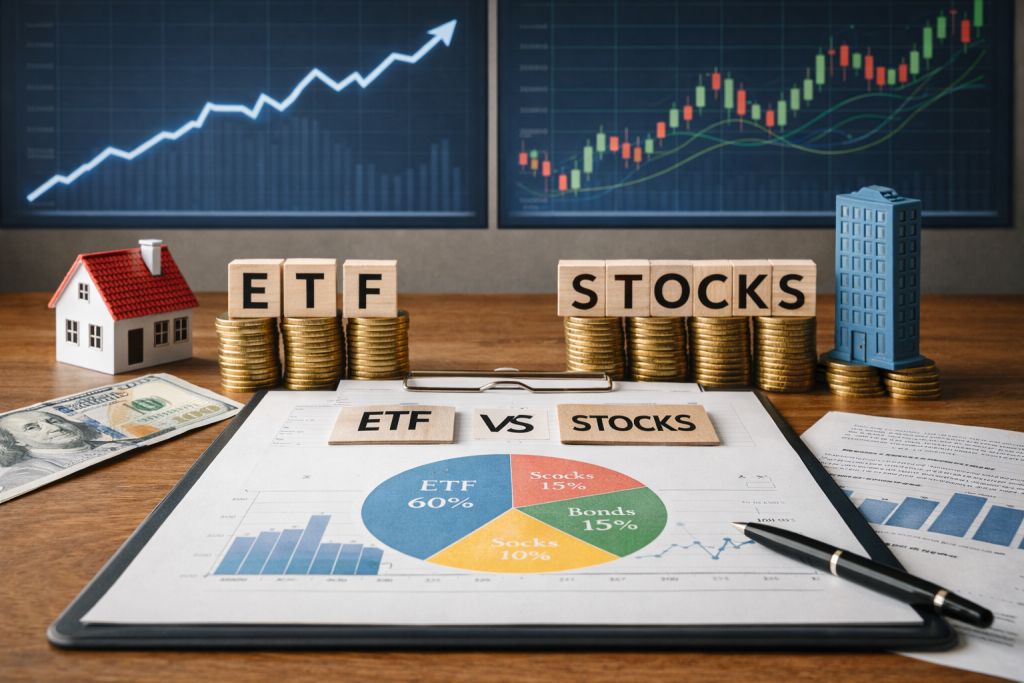 Інвестиційний портфель для початківця — ноутбук з графіками, документи та фінансова аналітика на столі