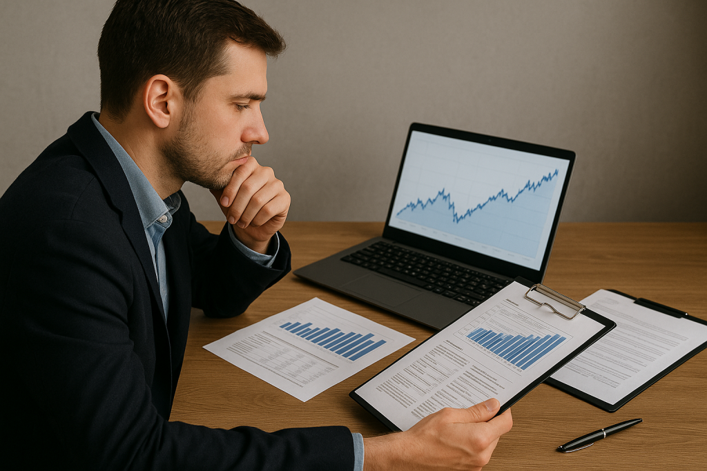 Інвестор за ноутбуком аналізує фінансові графіки та документи — вибір надійного брокера для інвестування
