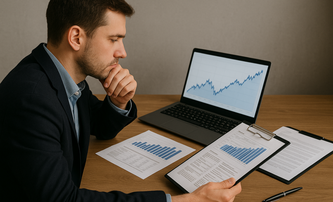 Інвестор за ноутбуком аналізує фінансові графіки та документи — вибір надійного брокера для інвестування