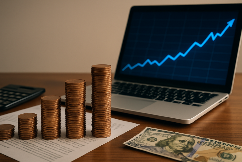 Стовпчики монет перед ноутбуком із графіком зростання — принцип роботи складного відсотка