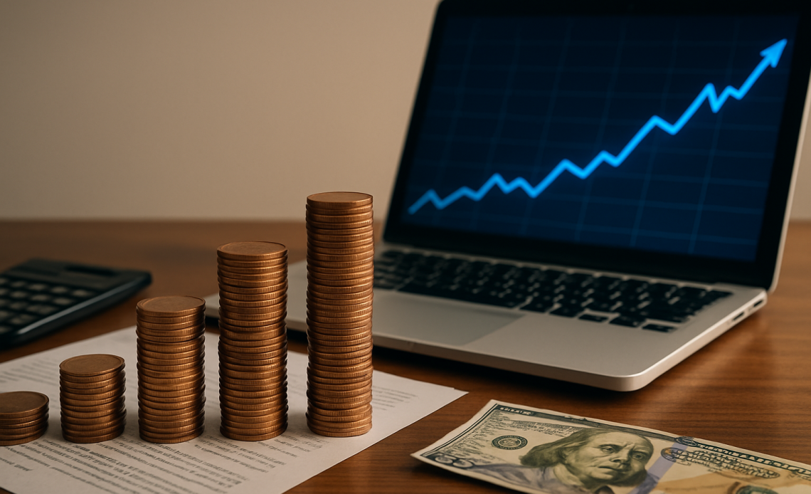 Стовпчики монет перед ноутбуком із графіком зростання — принцип роботи складного відсотка