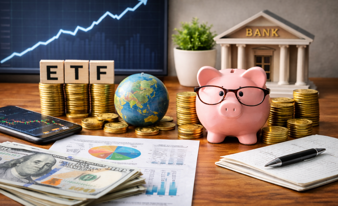 Фінансовий робочий стіл з монетами, графіками та заощадженнями — порівняння ETF і банківських депозитів у довгостроковій перспективі