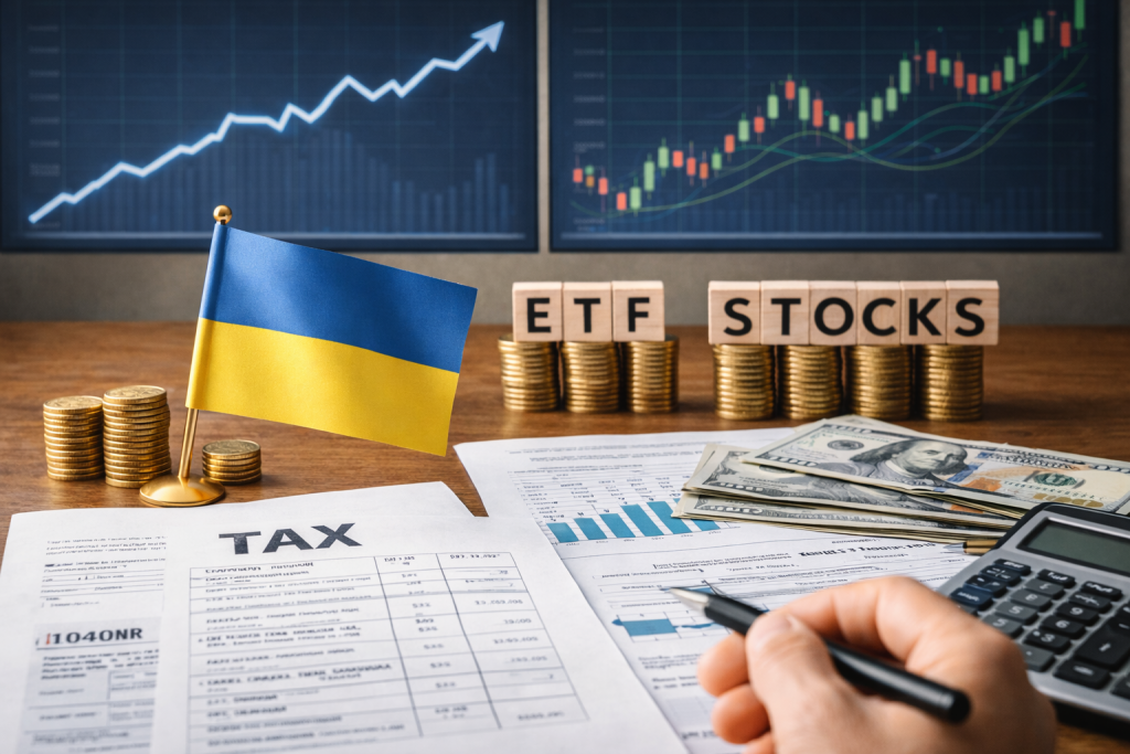 Податки з інвестицій в Україні — документи, долари, монети та фінансова аналітика на робочому столі