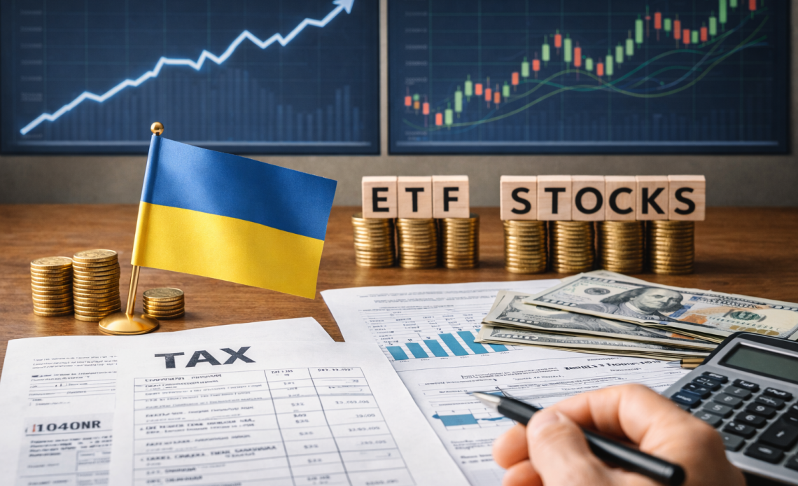 Податки з інвестицій в Україні — документи, долари, монети та фінансова аналітика на робочому столі