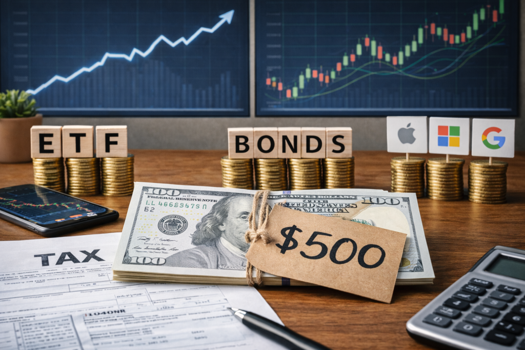 Інвестиційні варіанти для старту з 500 доларів — ETF, облігації та акції на робочому столі з фінансовими графіками