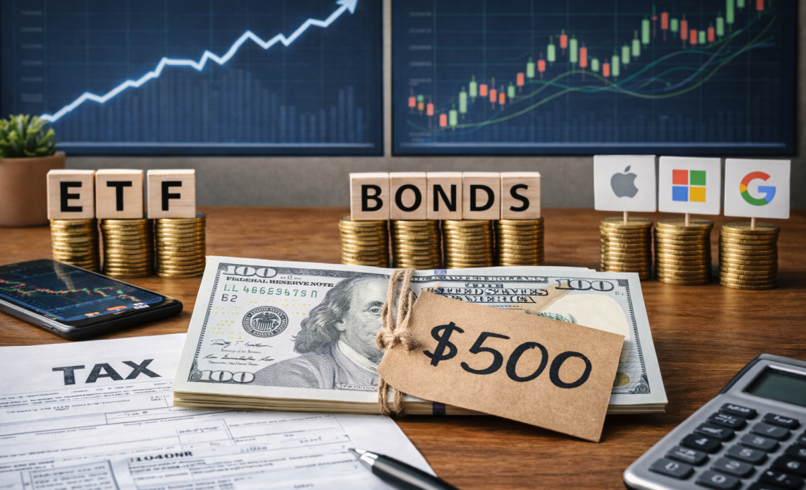 Інвестиційні варіанти для старту з 500 доларів — ETF, облігації та акції на робочому столі з фінансовими графіками