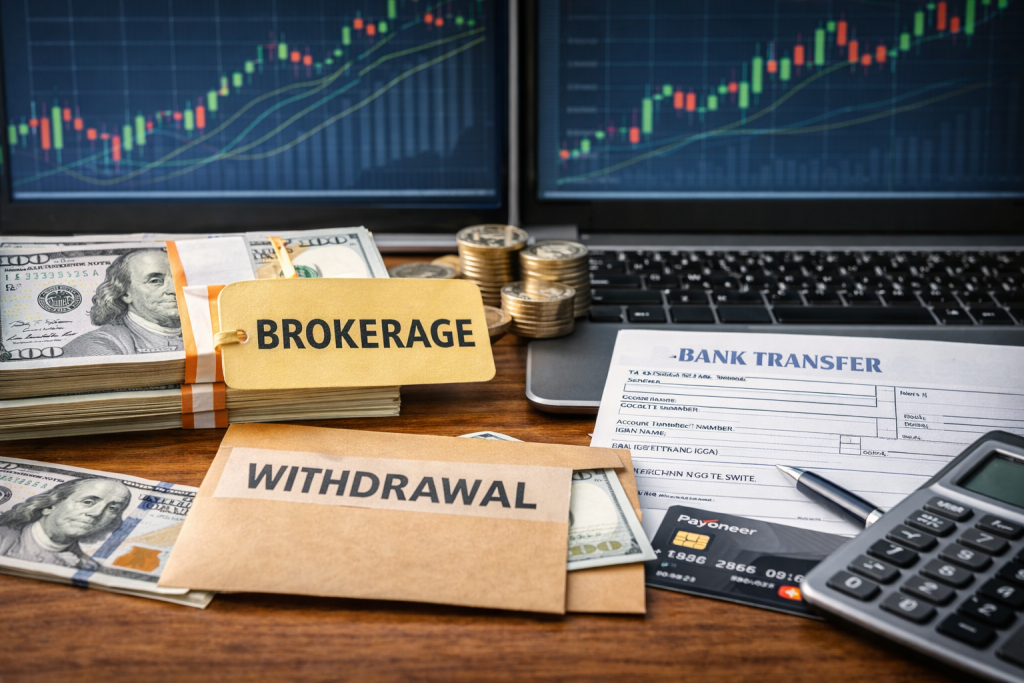 Виведення грошей з брокерського рахунку — долари, банківські документи та фінансова аналітика на робочому столі
