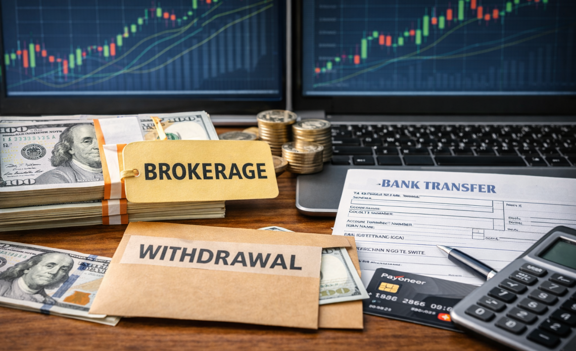 Виведення грошей з брокерського рахунку — долари, банківські документи та фінансова аналітика на робочому столі