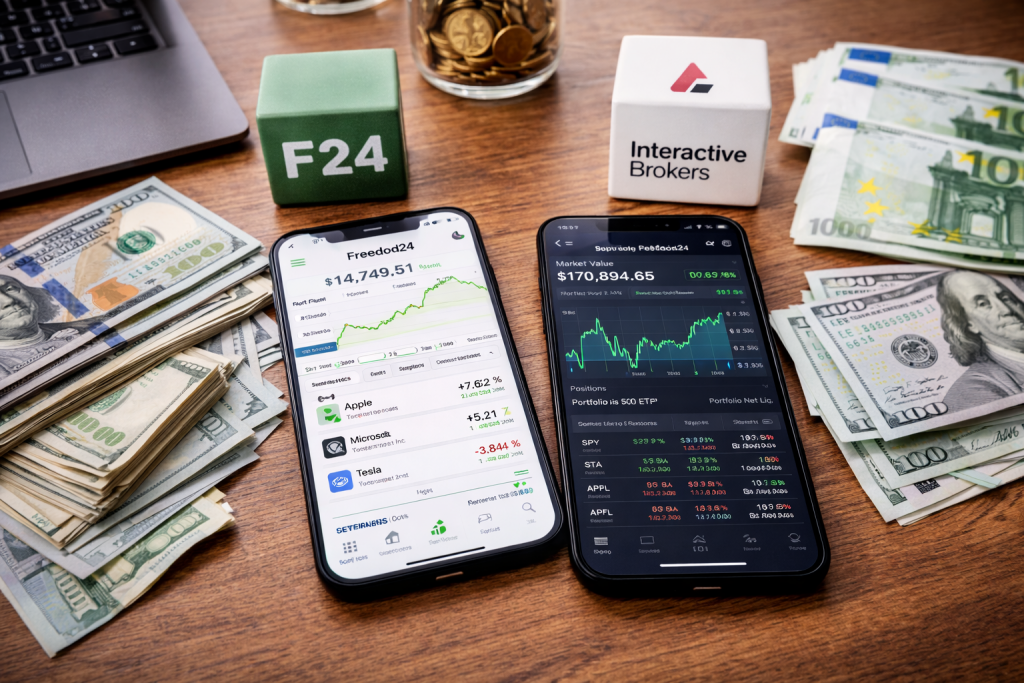 Порівняння Freedom24 та Interactive Brokers: два смартфони з інвестиційними додатками та долари і євро на столі