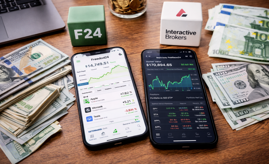 Порівняння Freedom24 та Interactive Brokers: два смартфони з інвестиційними додатками та долари і євро на столі