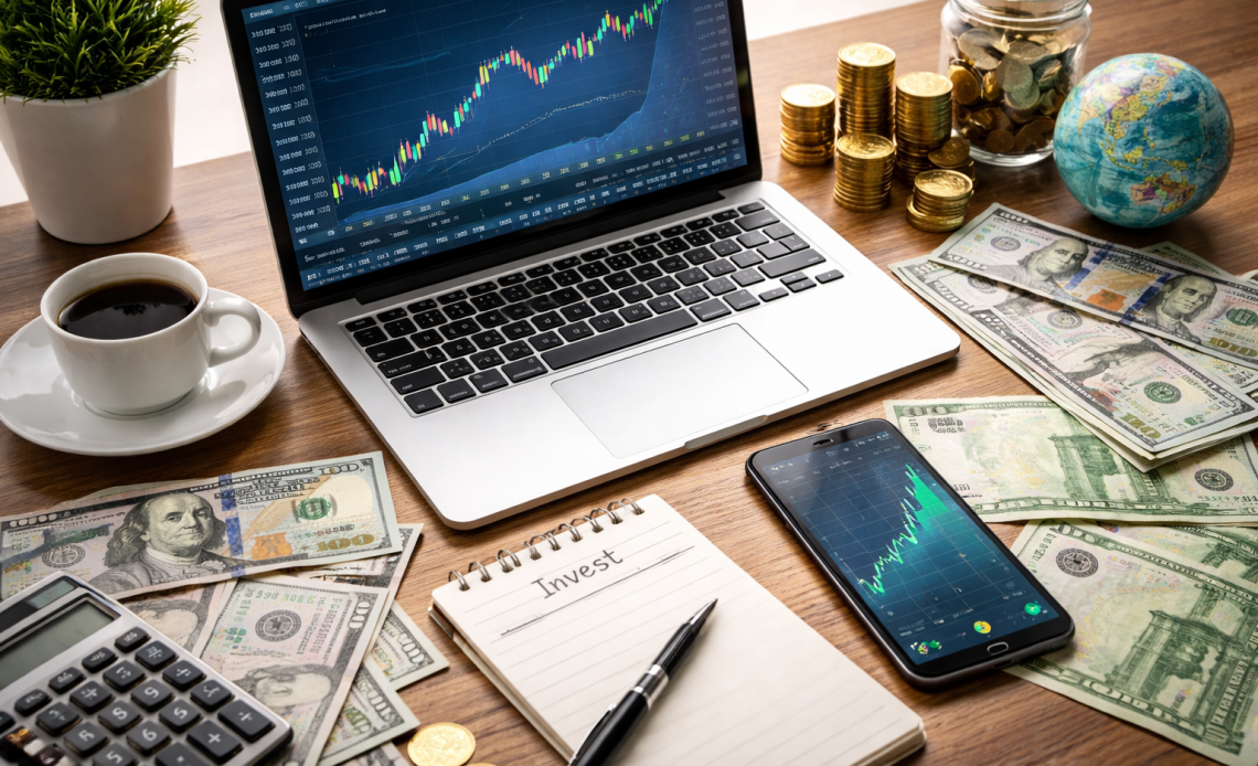 Інвестиції для українців у 2025 році: робоче місце інвестора з графіками, доларами та євро