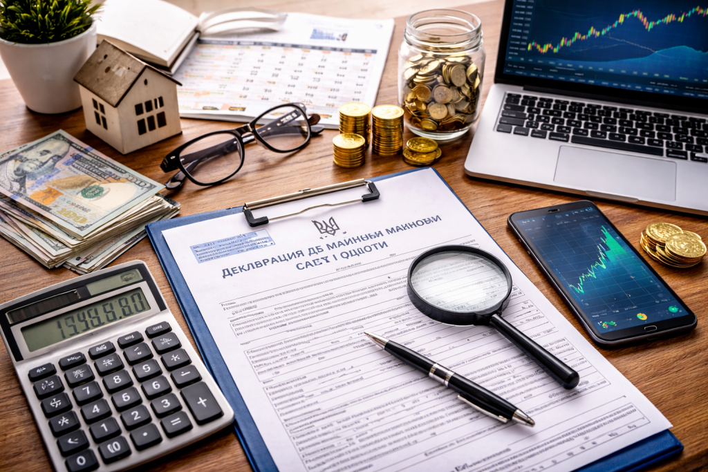 Податки з інвестицій для українців у 2025 році: декларація, калькулятор та фінансові документи на столі