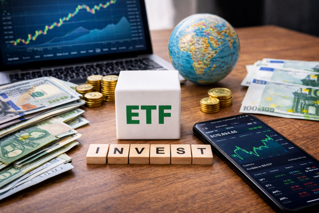 Інвестиції в ETF: ноутбук з графіком ринку, долари, євро, монети та глобус на столі інвестора