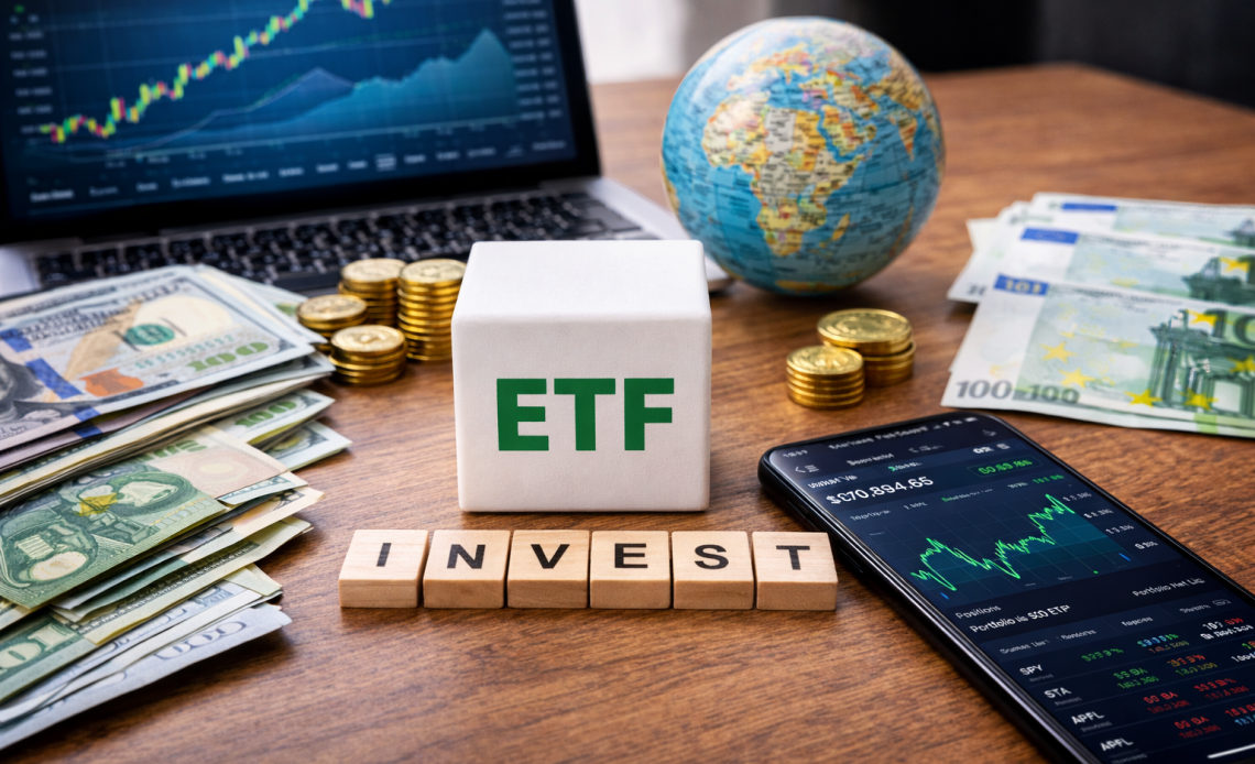 Інвестиції в ETF: ноутбук з графіком ринку, долари, євро, монети та глобус на столі інвестора